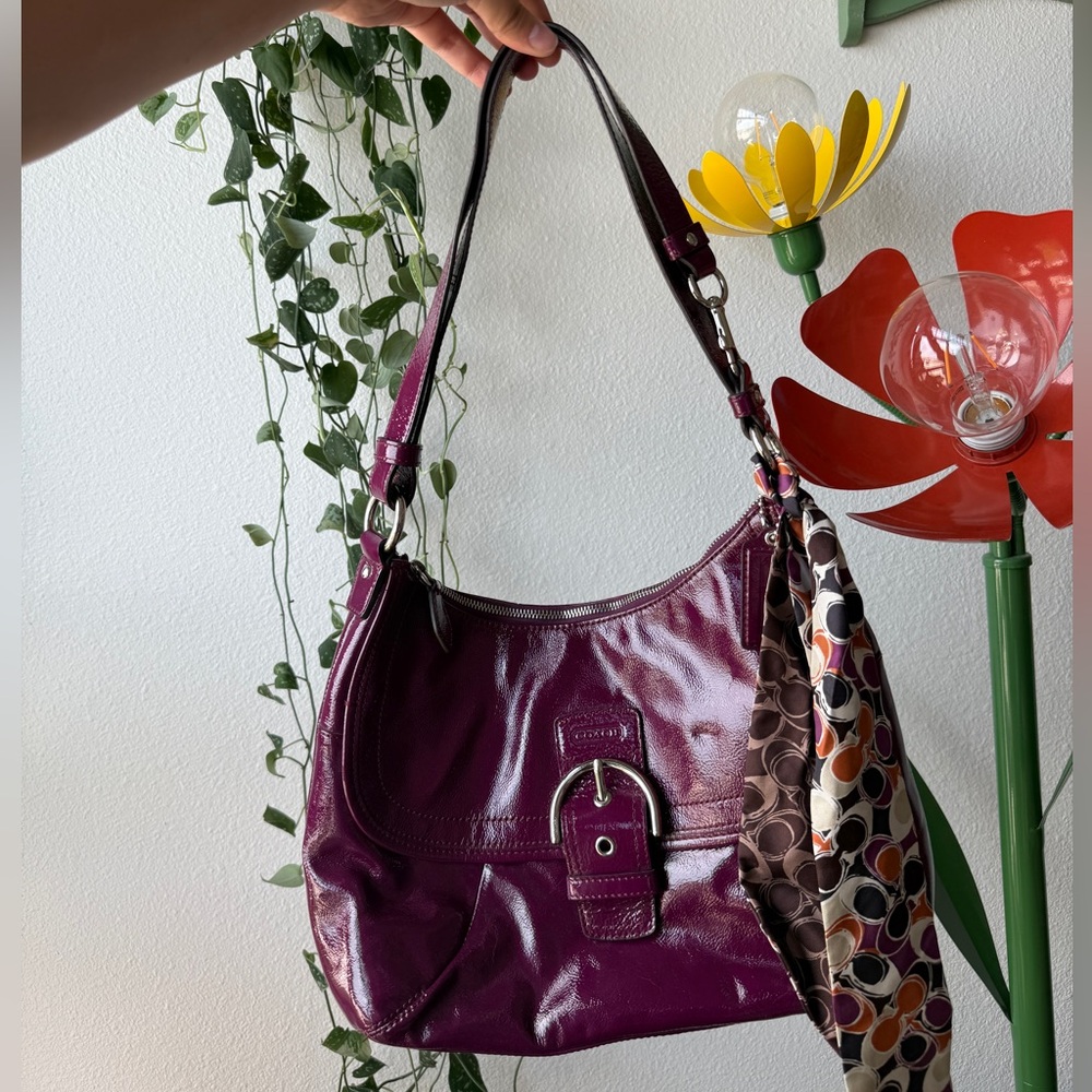 Coach Purple Patent Leather Adjustable Bag with Scarf